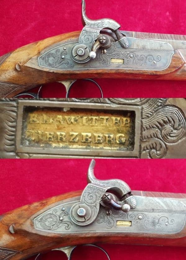 Superb pair of German .48 cal percussion target pistols by Klawitter of HERZBERG. C.1840. Ref 6773.